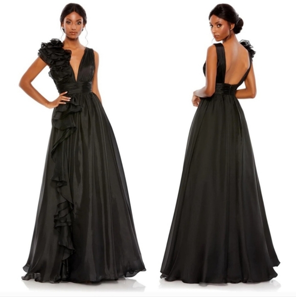 Mac Duggal Dresses & Skirts - Mac Duggal 48856 Size 0 Ruffle Shoulder V Neck Chiffon Gown Dress Black